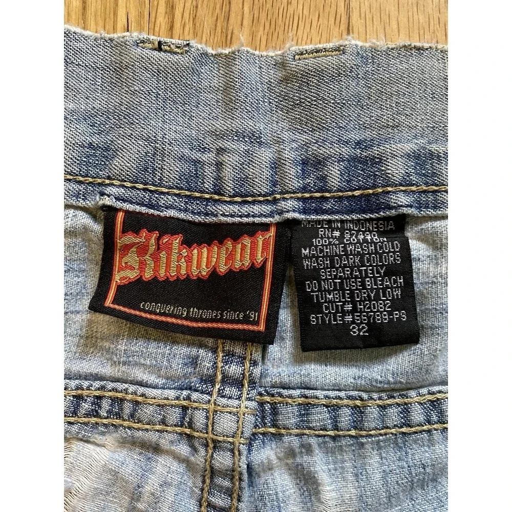 Vintage 90s Kikwear Distressed Denim Shorts Baggy Jorts Y2K Rave Skate RN 87490
